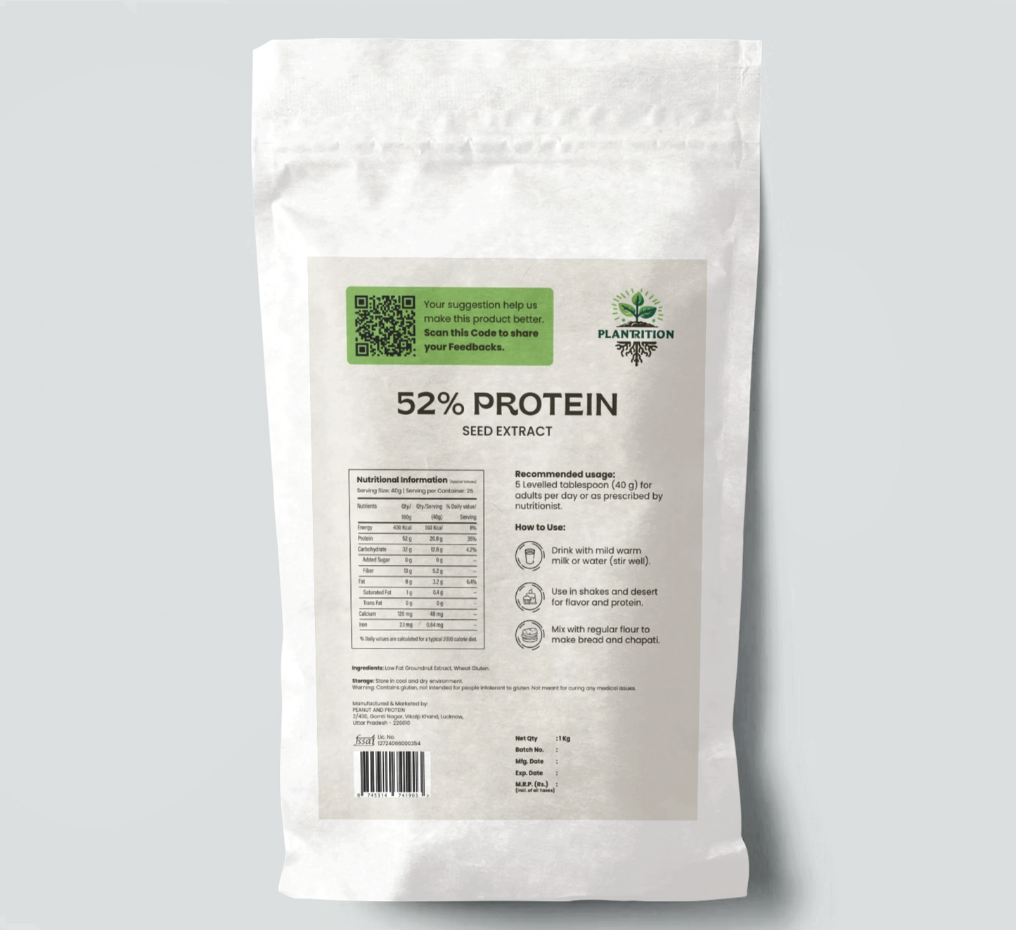 Plantrition Protein Flour | 52% Protein | Source: Peanut, Wheat | High fiber | Nutty taste | Naturally present vitamin and minerals